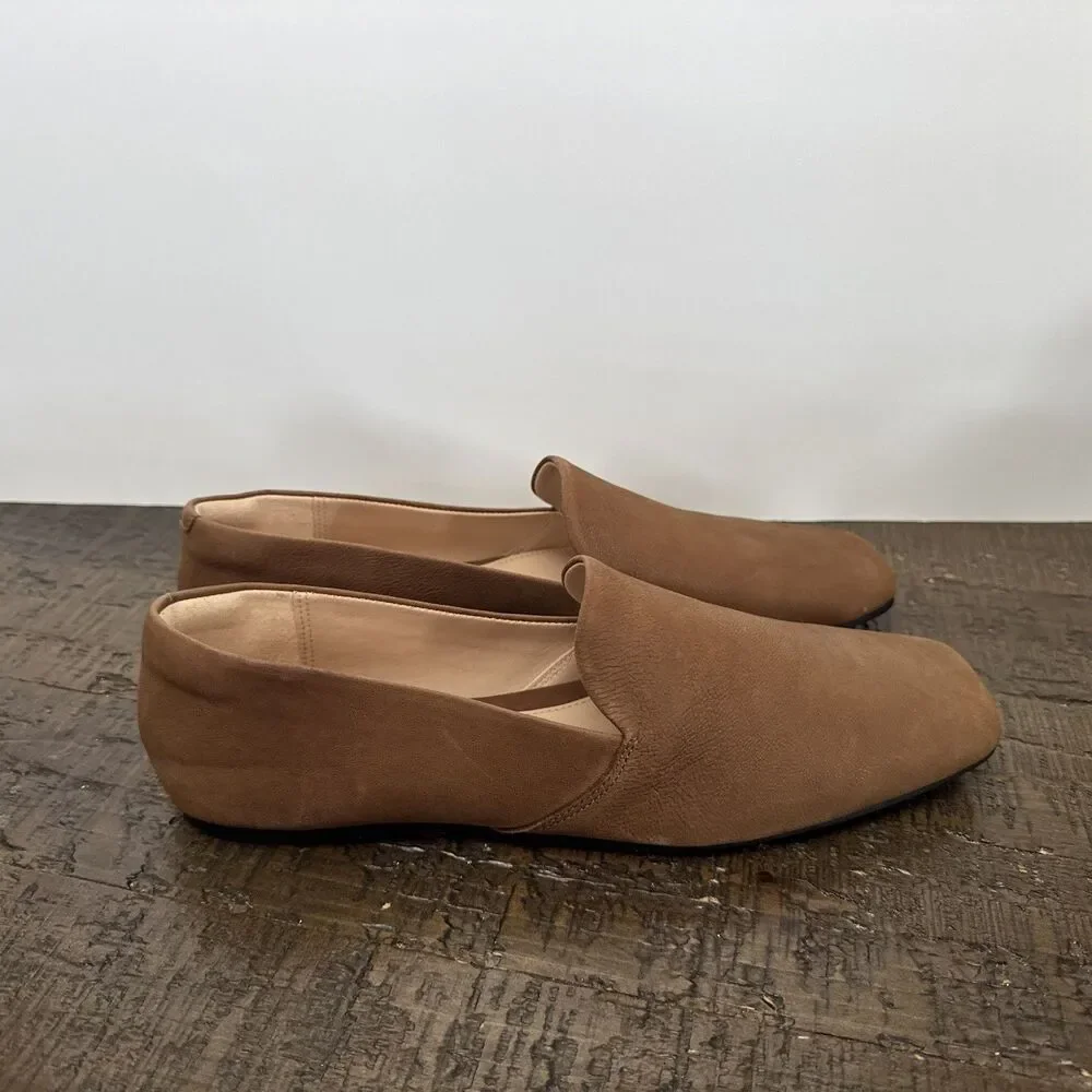 Clarks Womens Pure Slip Loafers Size 11.5 Camel Tan Suede Flats Shoes Square Toe